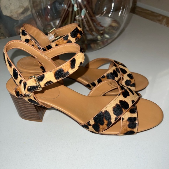 J. Crew Leopard Calf Hair Low Block Heel Sandals, Size 8.5 - Picture 3 of 7